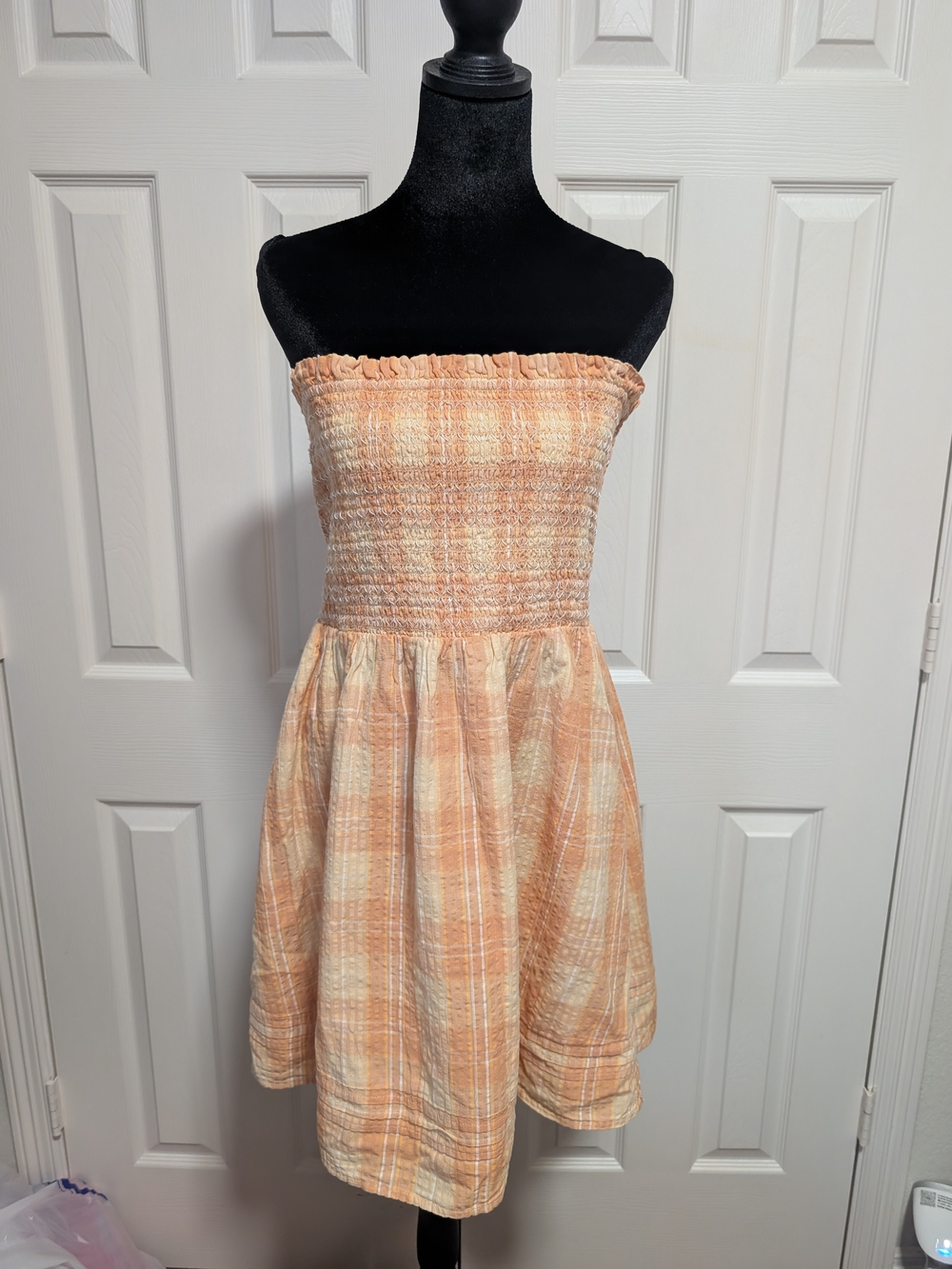 American Eagle Outfitters Peach Plaid Strapless Sundress